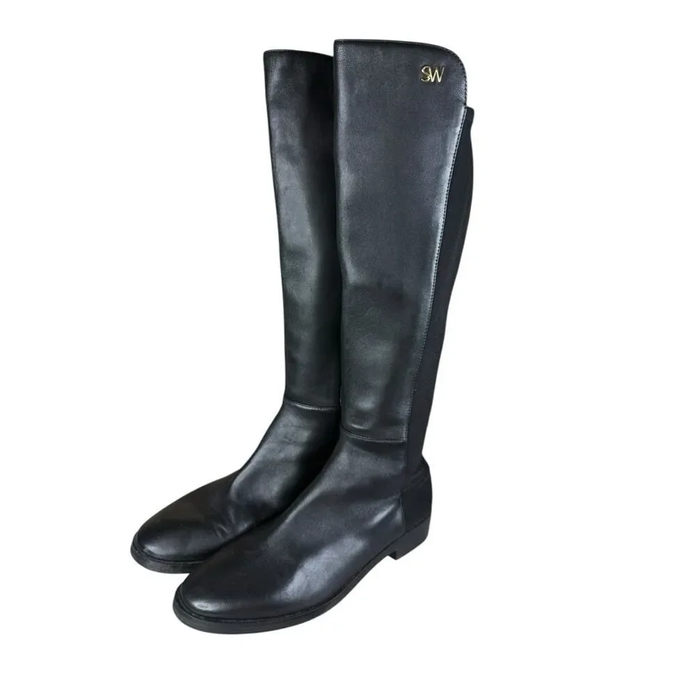 Stuart Weitzman Black Leather Stretch Riding Boots 8B Knee High SW Logo (defect)